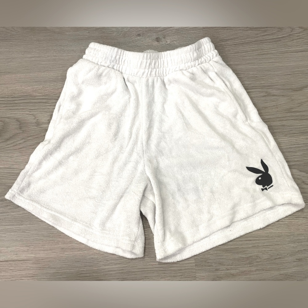 PLAYBOY White Terry Cloth Shorts. Size S